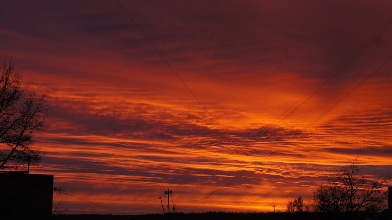 Sunset Sky with Clouds — Orange, Dramatic, Photograph, Power Lines, Trees
