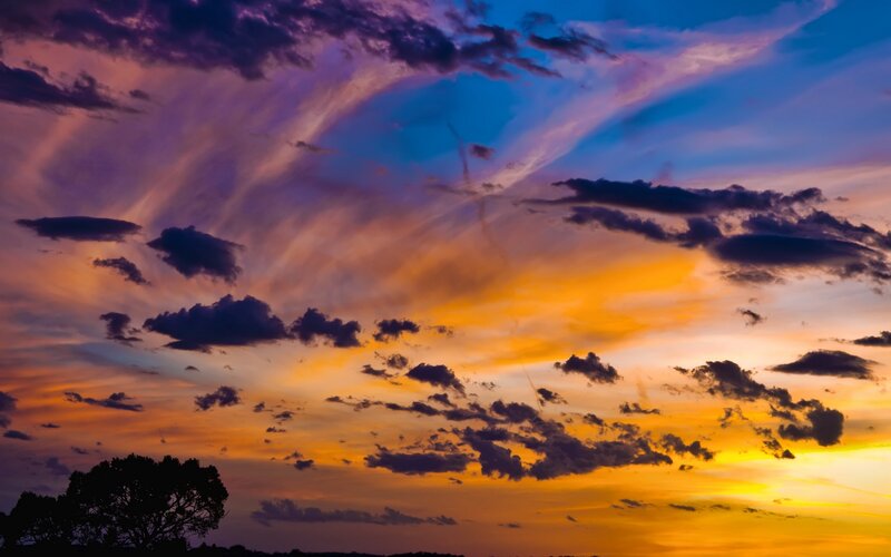 Sunset Sky with Clouds — Orange, Dramatic, Photograph, Tree Silhouette