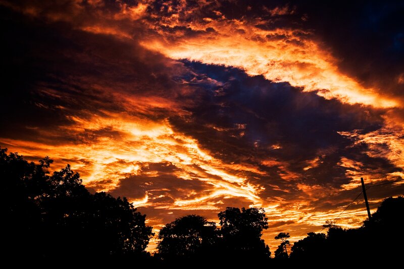Sunset Sky with Clouds — Orange, Dramatic, Photograph, Trees, Silhouette, Power Line