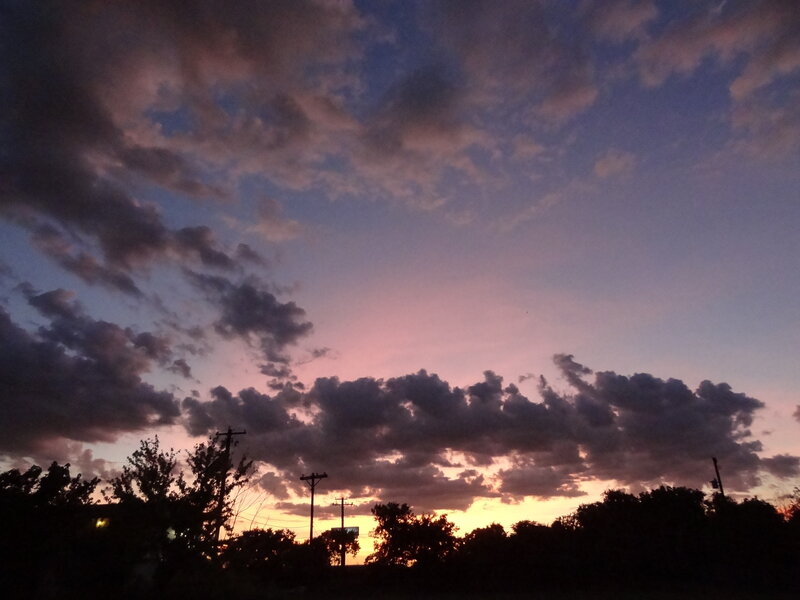 Sunset Sky with Clouds — Purple, Dramatic, Photograph, Trees, Power Lines