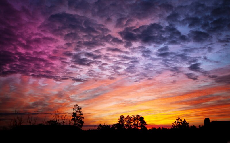 Sunset Sky with Clouds — Purple, Dramatic, Photograph, Trees, Silhouette