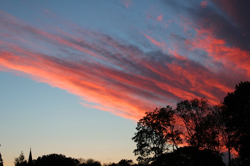 Sunset Sky with Clouds — Red, Dramatic, Photograph, Trees, Church Steeple