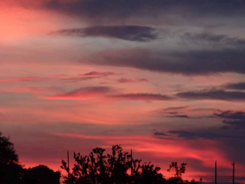 Sunset Sky with Clouds — Red, Dramatic, Photograph, Trees, Power Lines