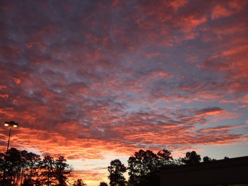Sunset Sky with Clouds — Red, Dramatic, Photograph, Trees, Street Light