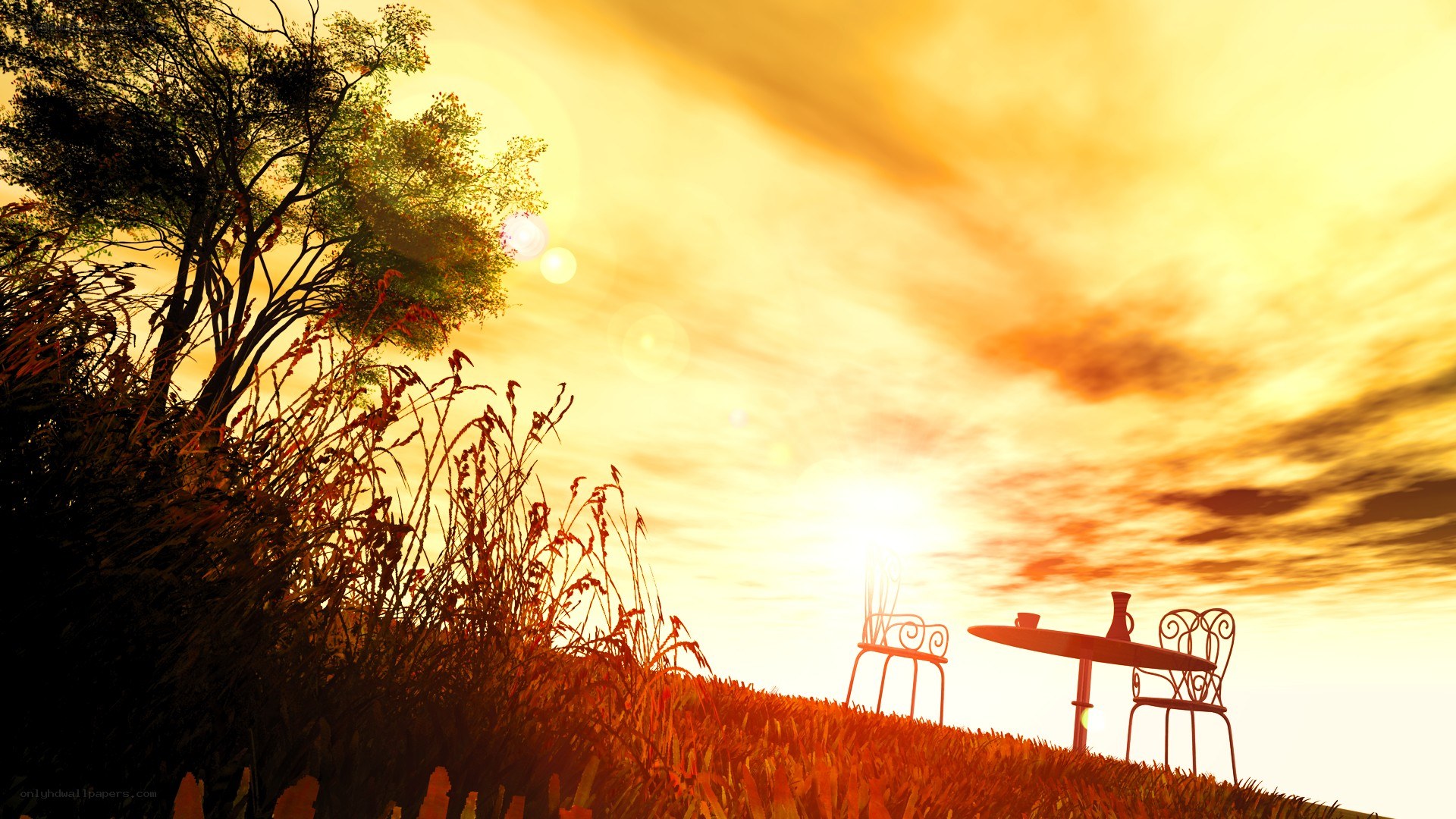 Sunset table on a hill