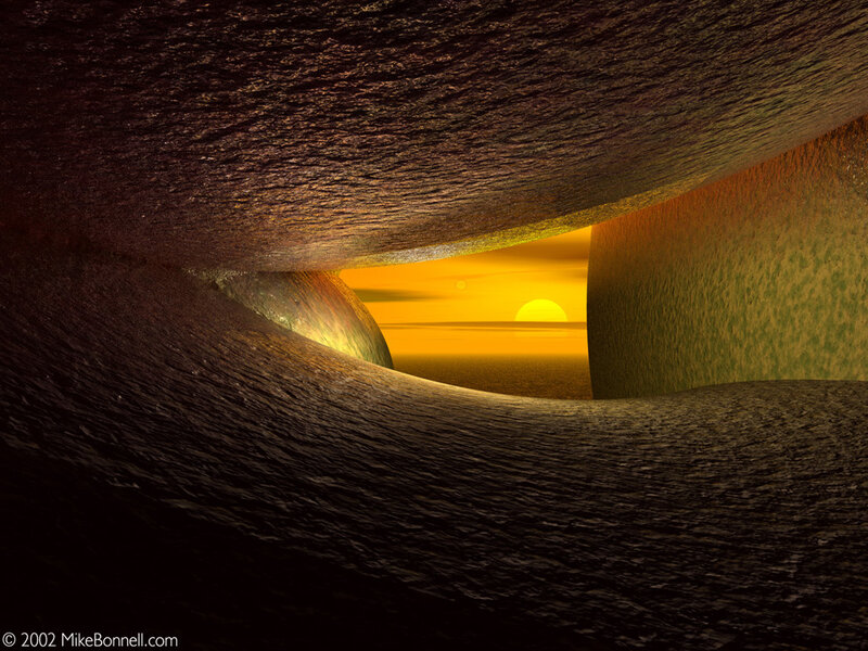 Sunset through a cave tunnel