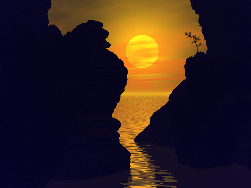 Sunset through a rocky canyon