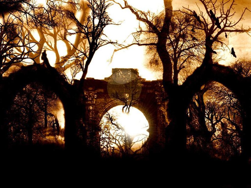 Sunset through ancient ruins