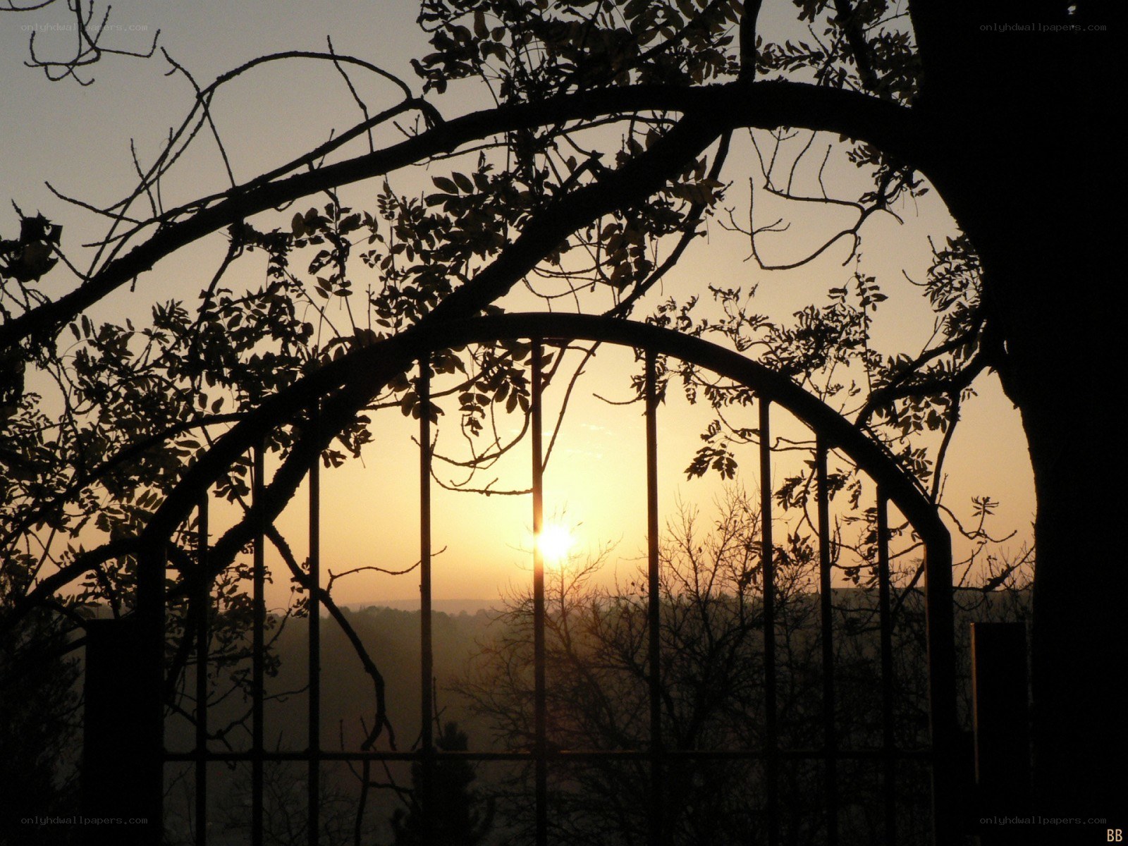 sunset through arched gate