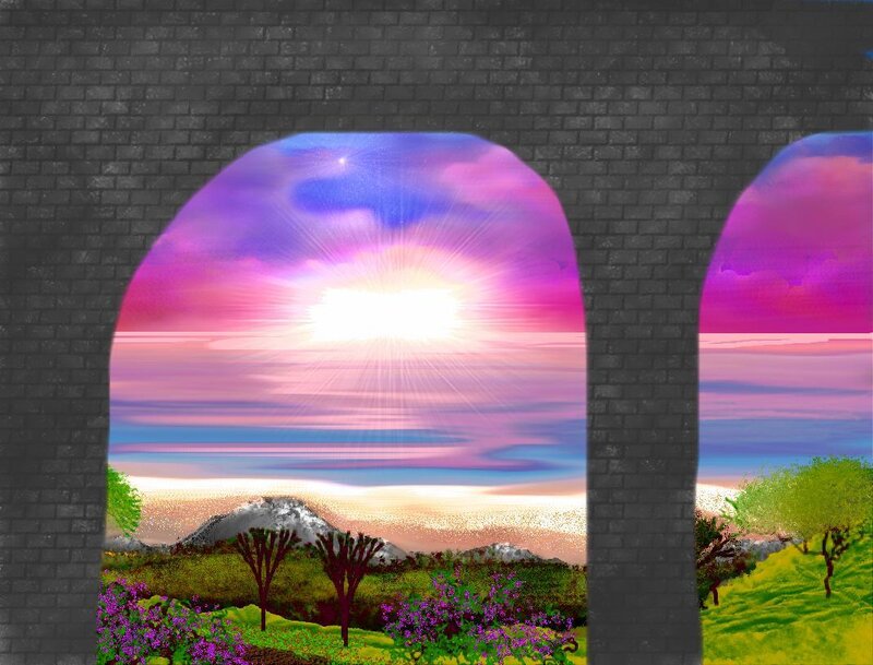 Sunset through brick arches