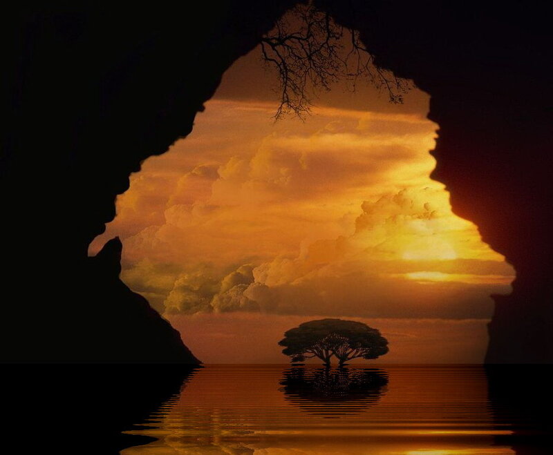 sunset through cave opening