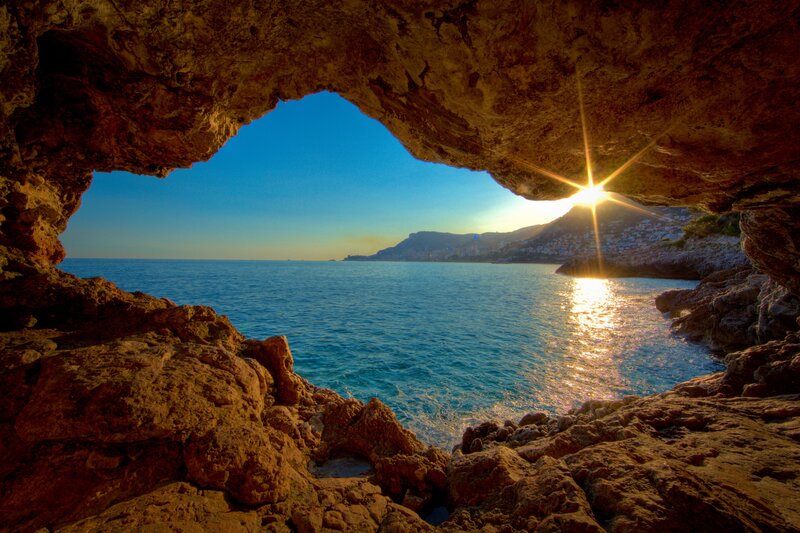 Sunset through cave opening