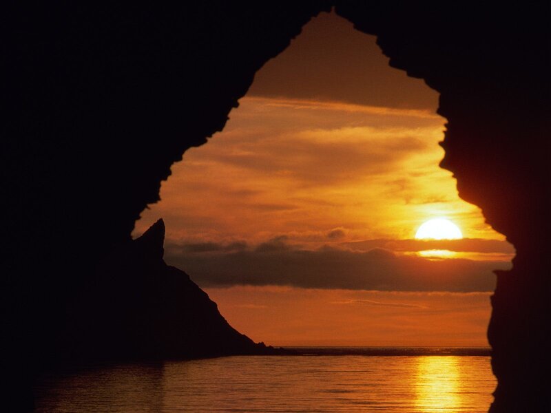 Sunset Through Cave Opening — Orange, Serene, Photograph, Sun, Sea