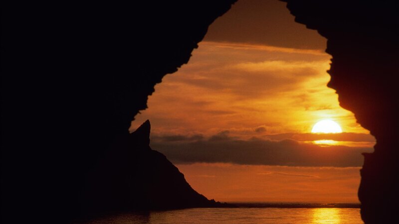 Sunset Through Cave Opening — Orange, Serene, Photograph, Sun