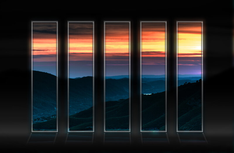 Sunset through five windows
