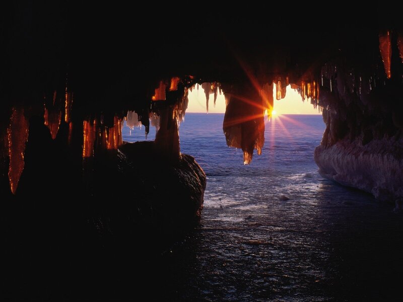 Sunset through ice cave