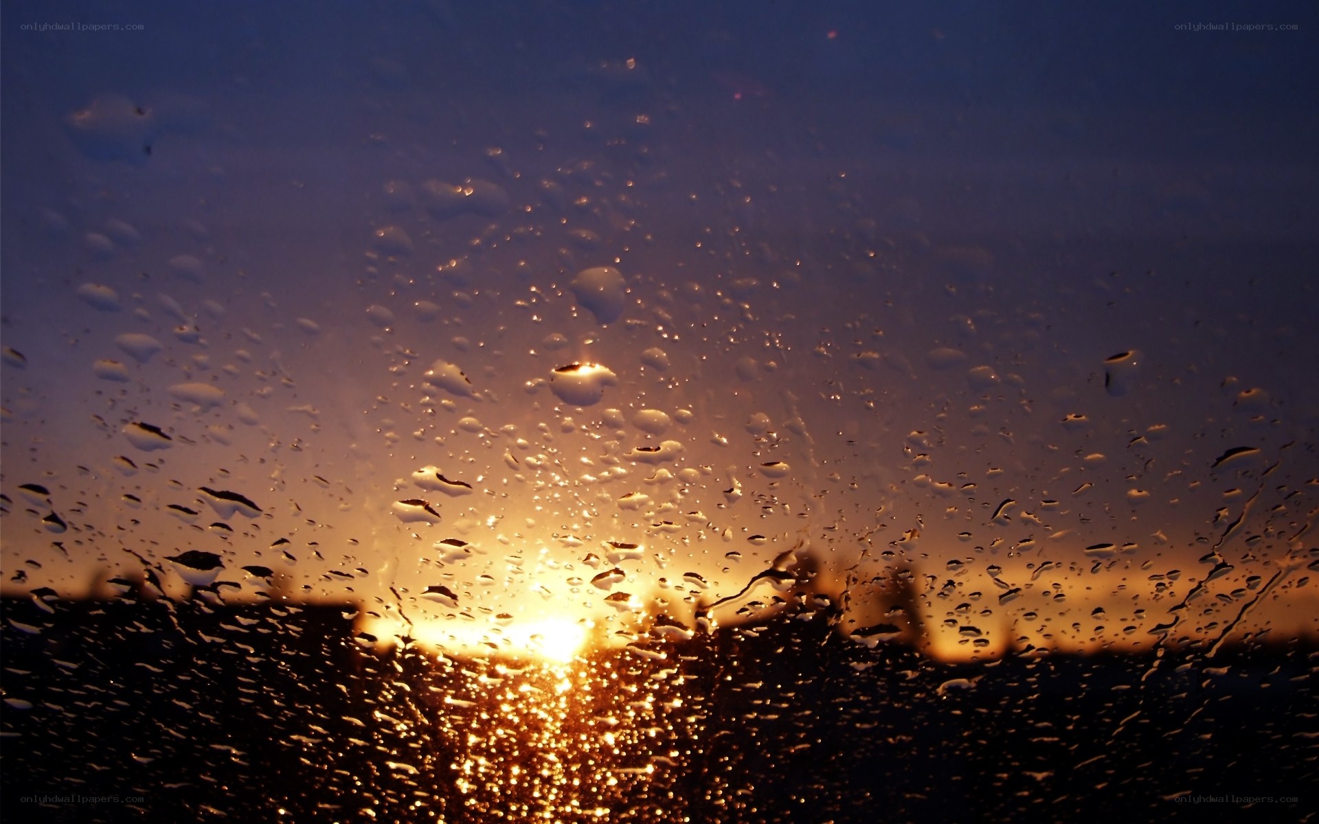 Sunset through rain-streaked glass