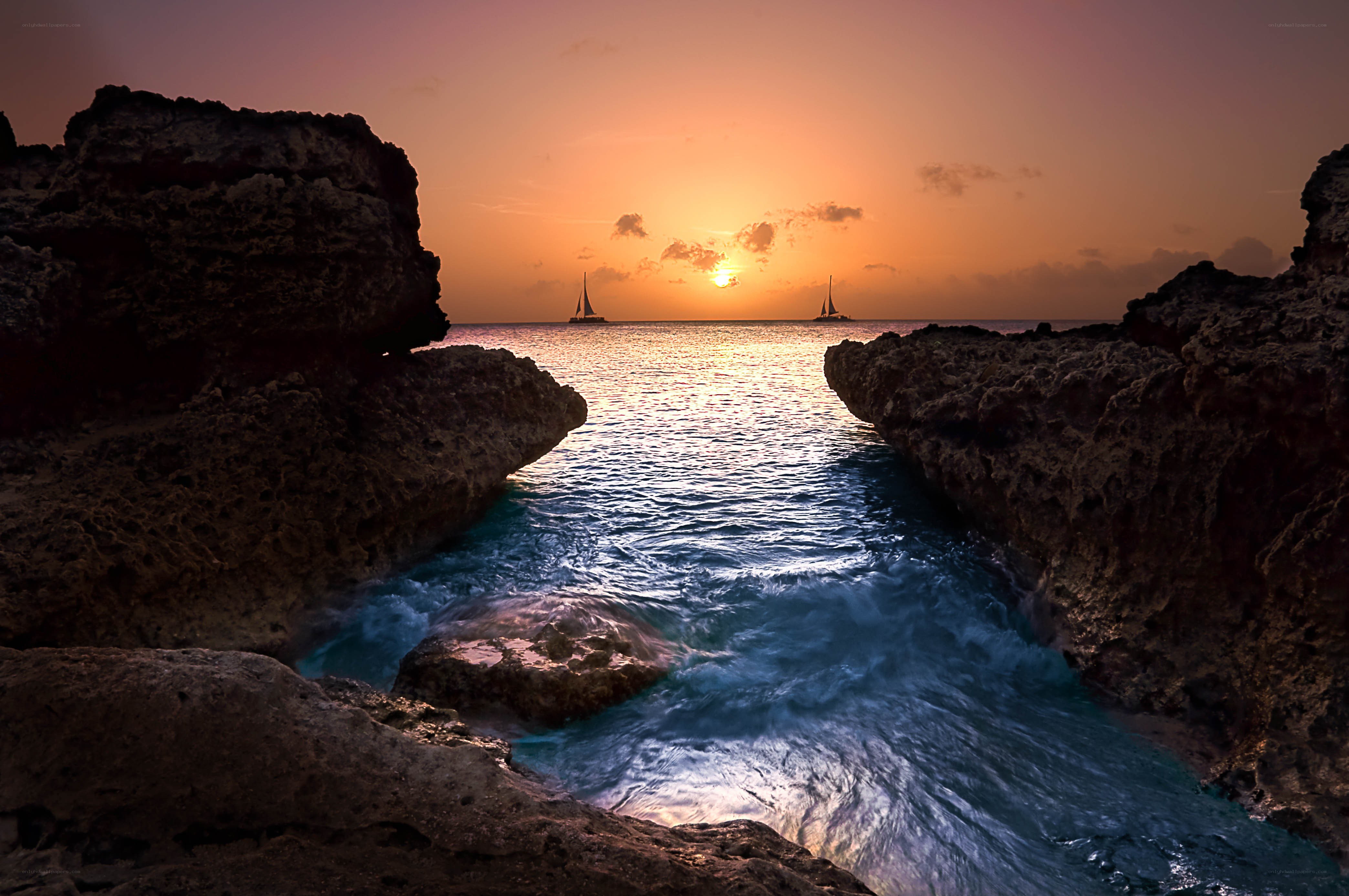 sunset through rocky channel