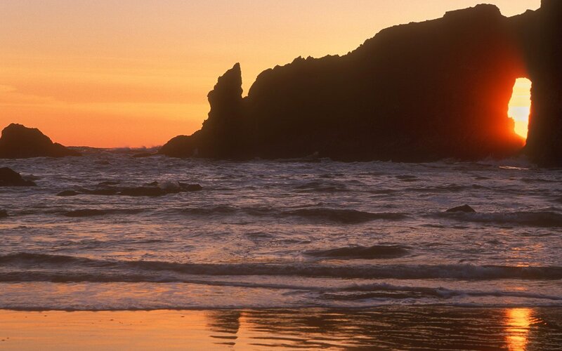 Sunset Through Sea Arch — Orange, Dramatic, Photograph