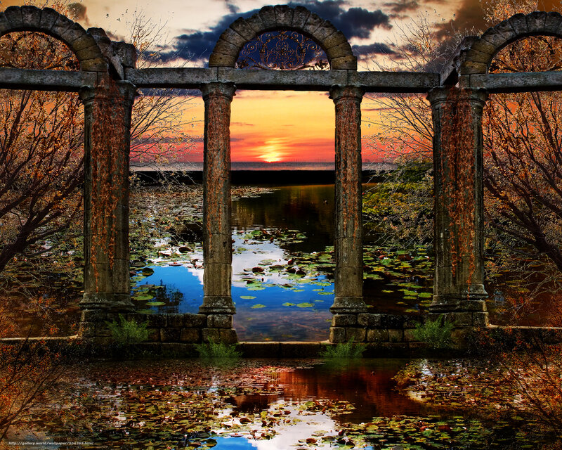 Sunset through stone arches