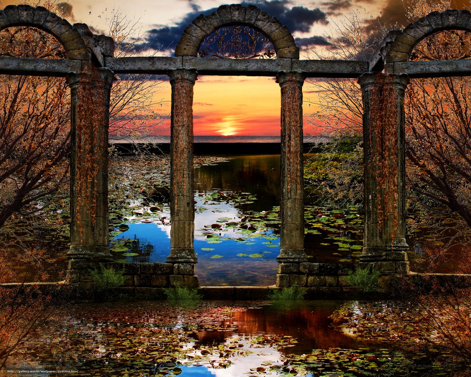 Sunset through stone arches