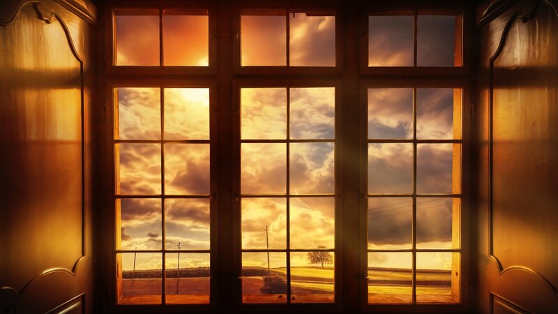 Sunset Through Window — Orange, Dramatic, Digital Art