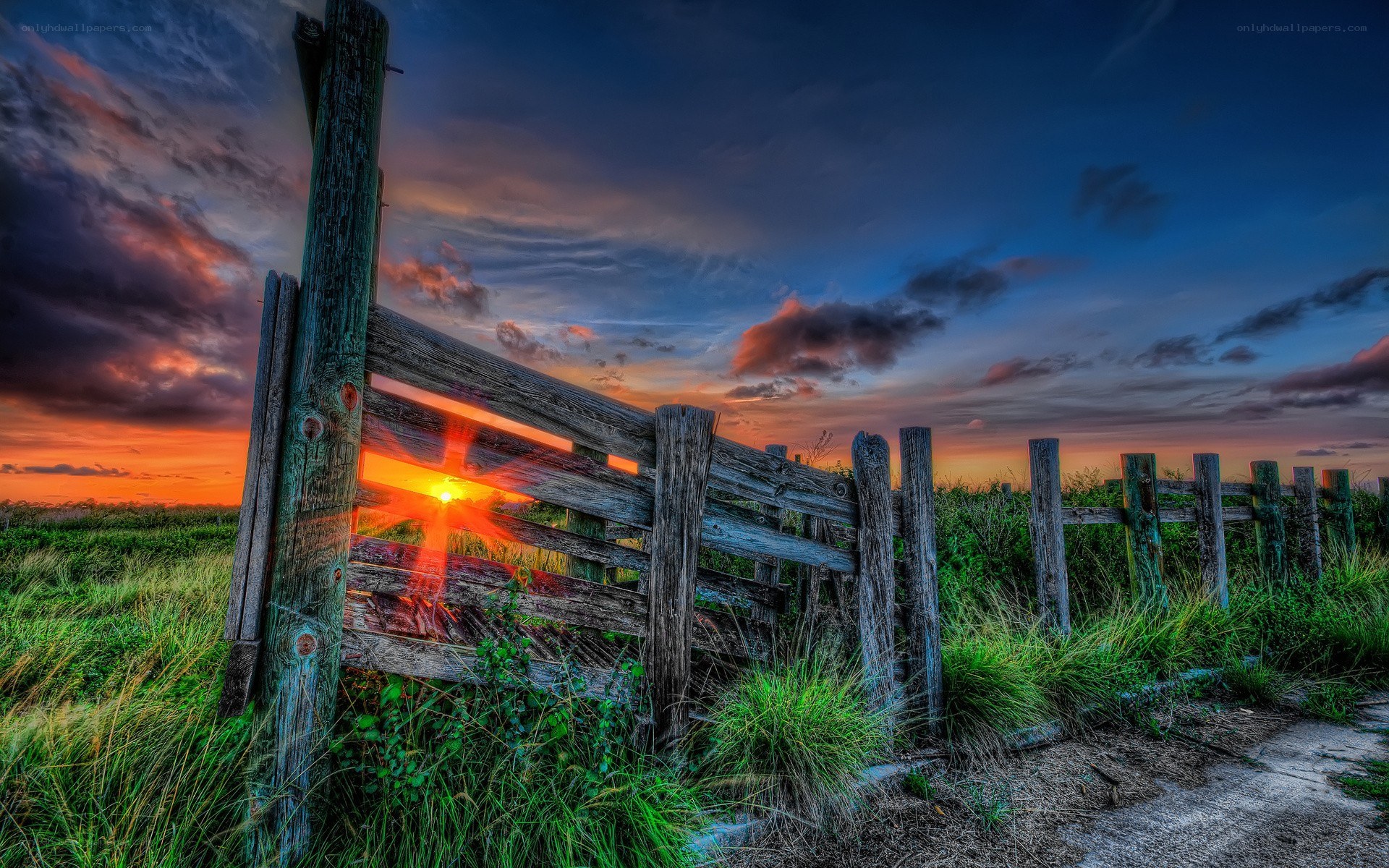 Sunset through wooden fence