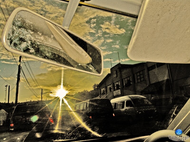 Sunset traffic view from car