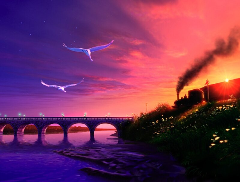 Sunset train over a river