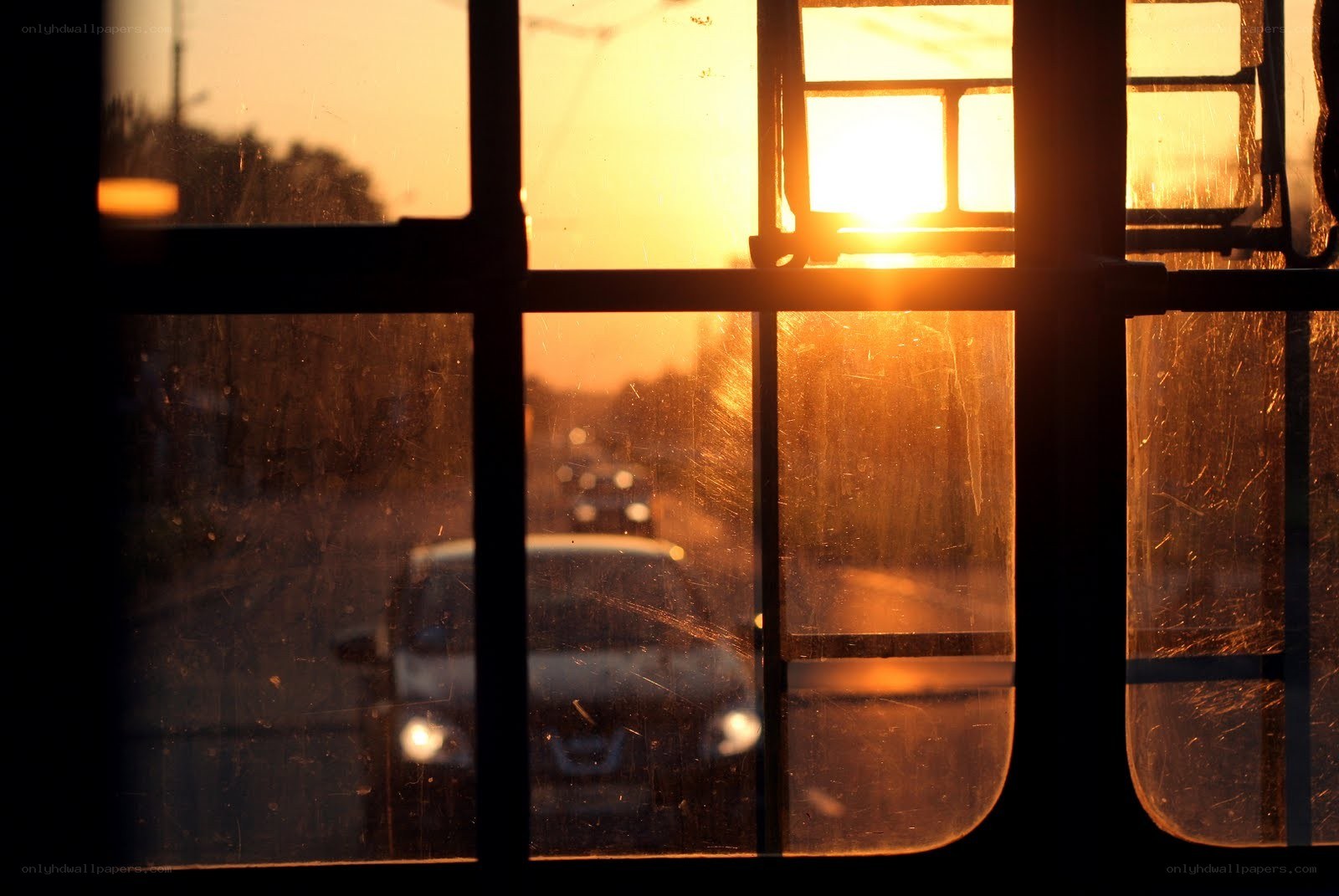 Sunset view from a bus window