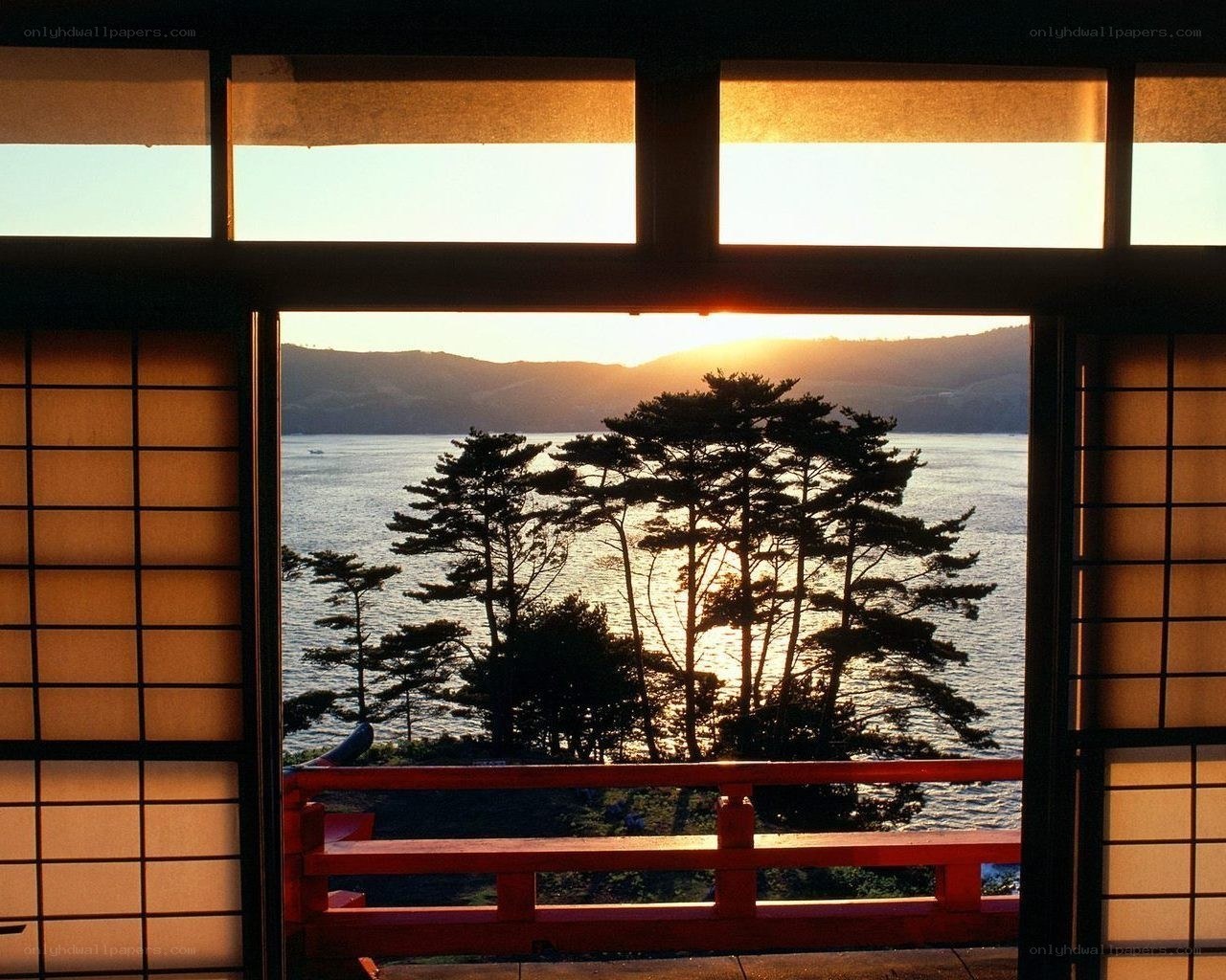 Sunset view from a Japanese pavilion