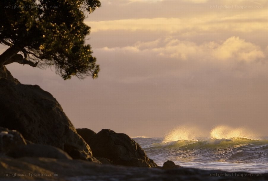 Sunset waves at rocky shore