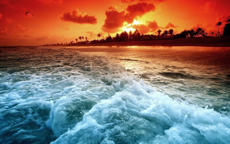 Sunset waves at tropical beach
