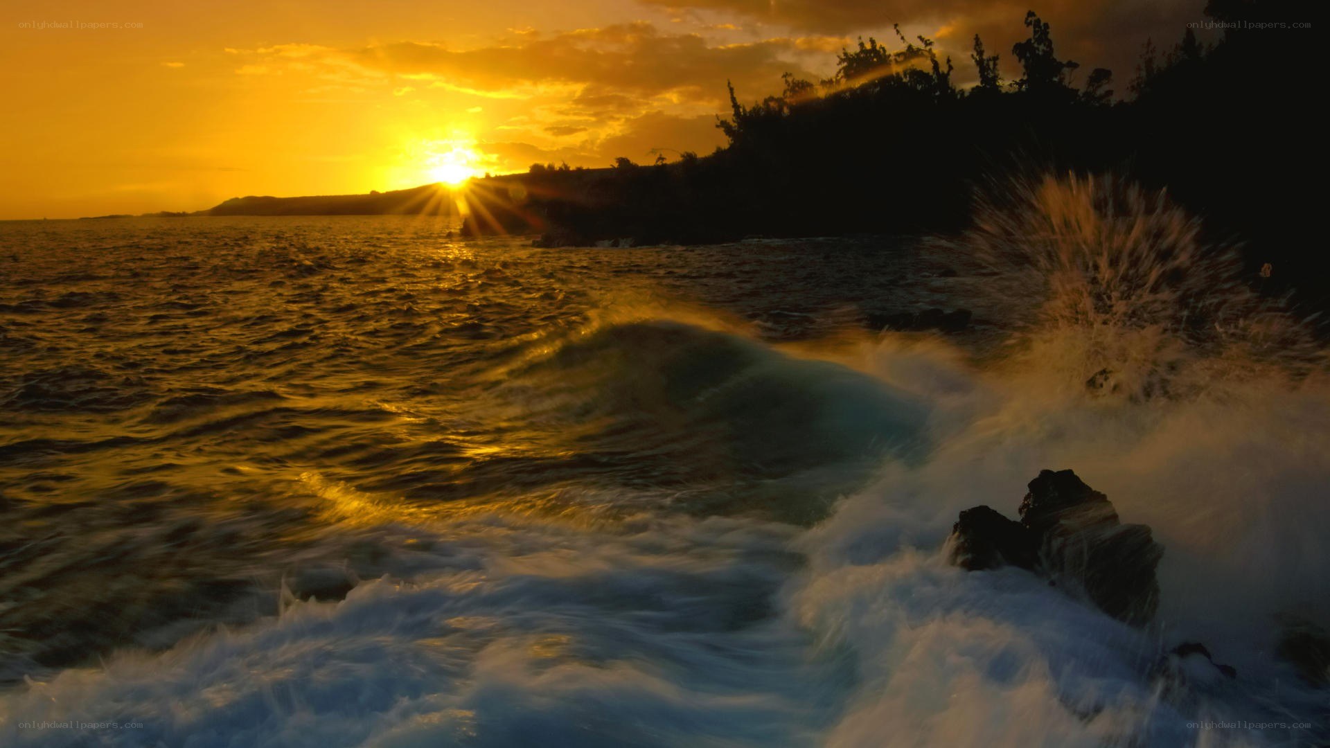 Sunset waves crashing on shore