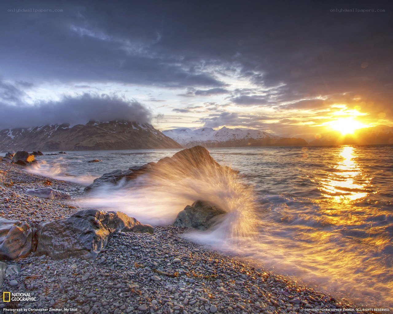 Sunset waves on a rocky shore