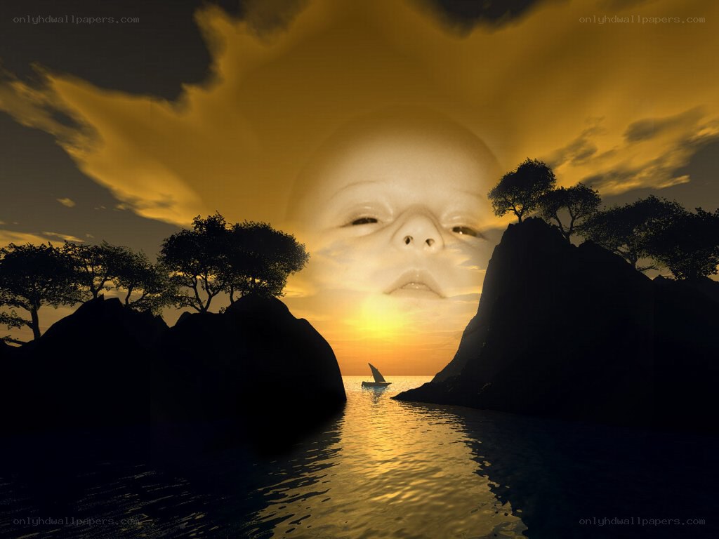 sunset with baby face in sky