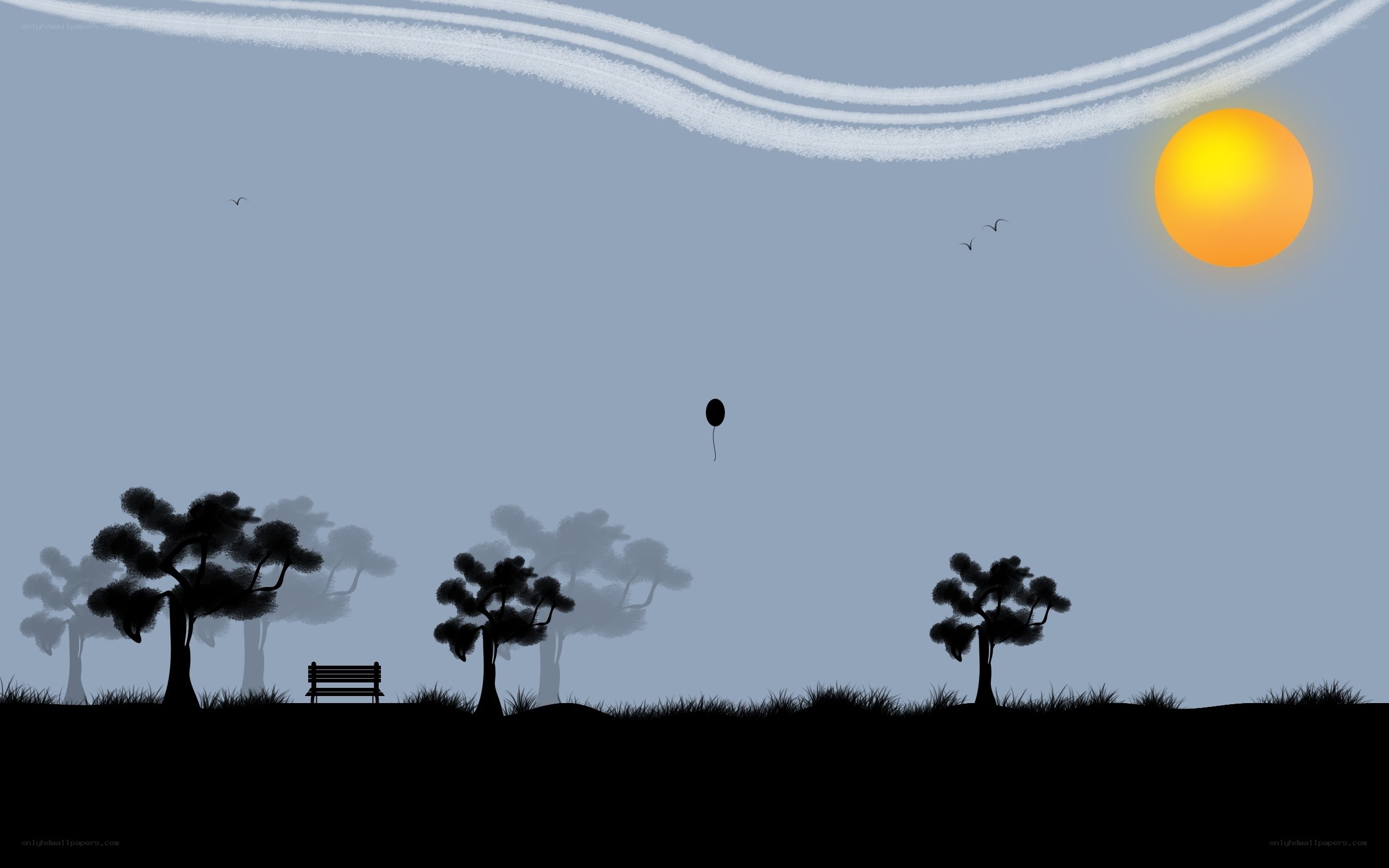 Sunset with balloon and contrails
