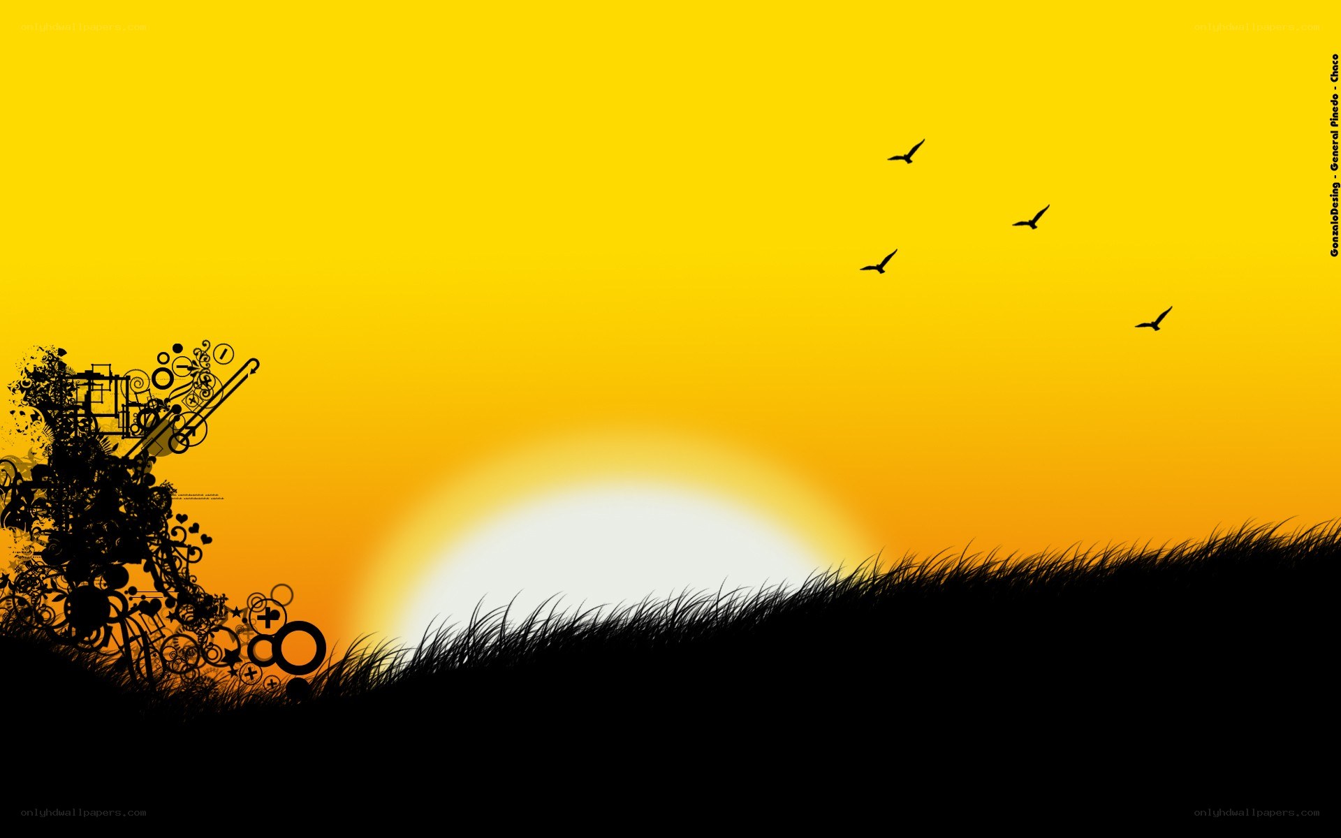 sunset with birds and abstract design