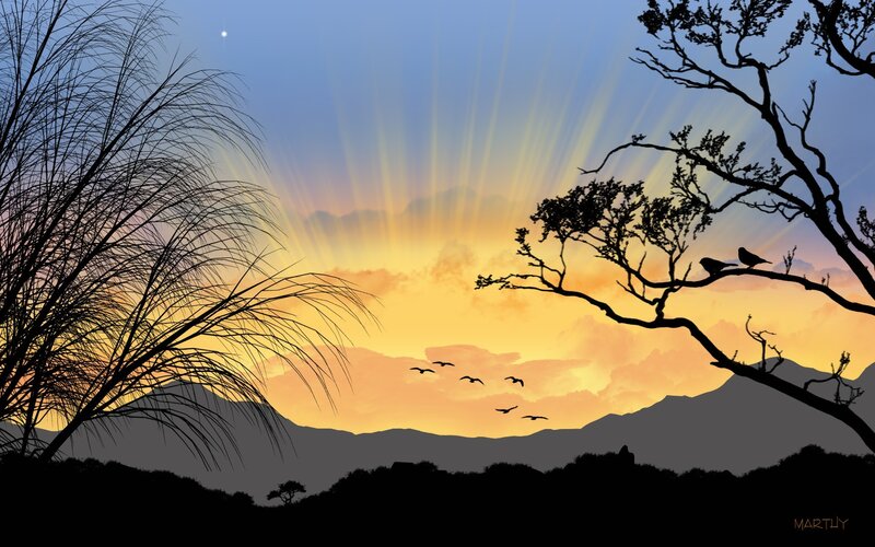 Sunset with birds and mountains