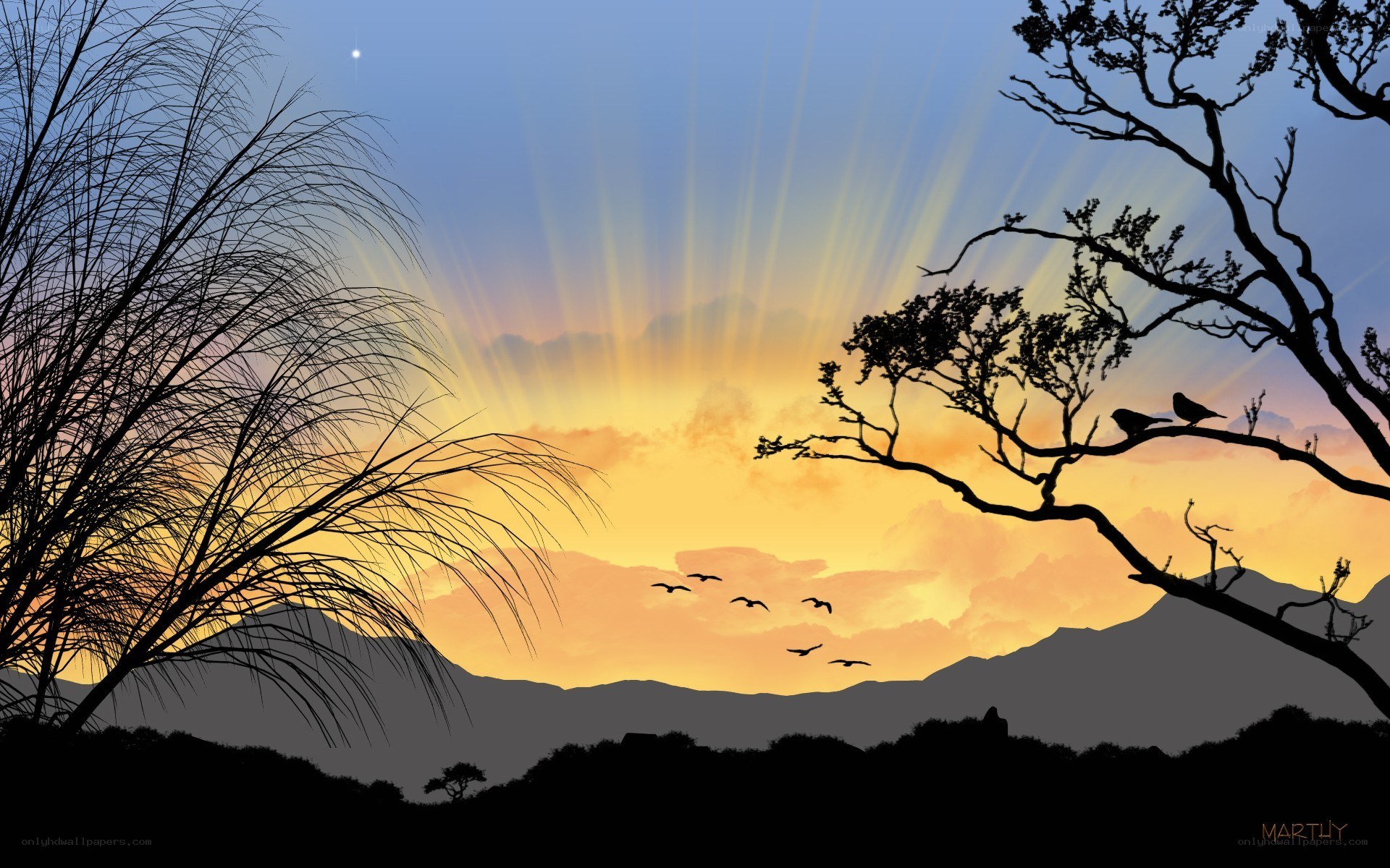 Sunset with birds and mountains