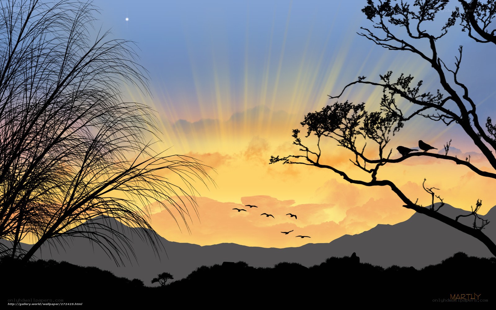 Sunset with birds and mountains