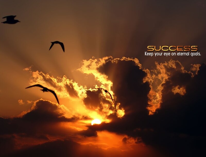 Sunset with birds and success quote