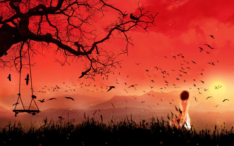 Sunset with birds and swing
