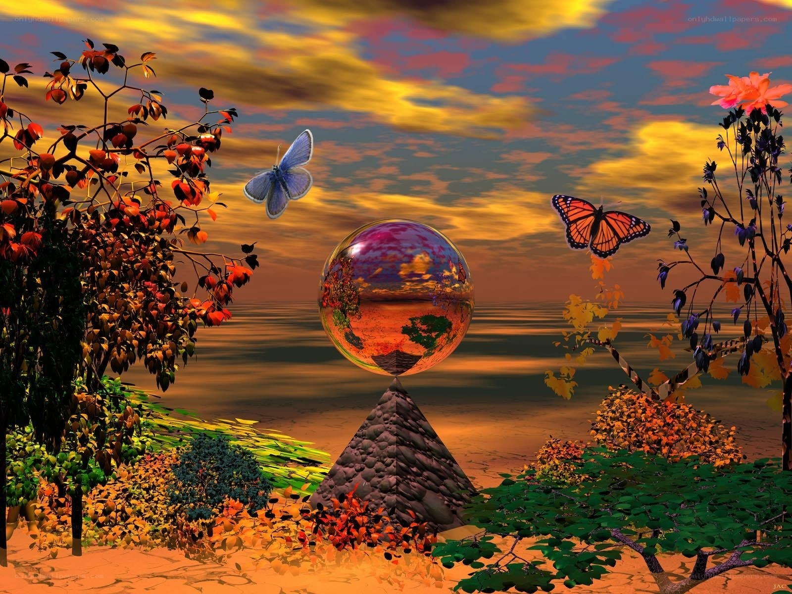 sunset with butterflies and sphere