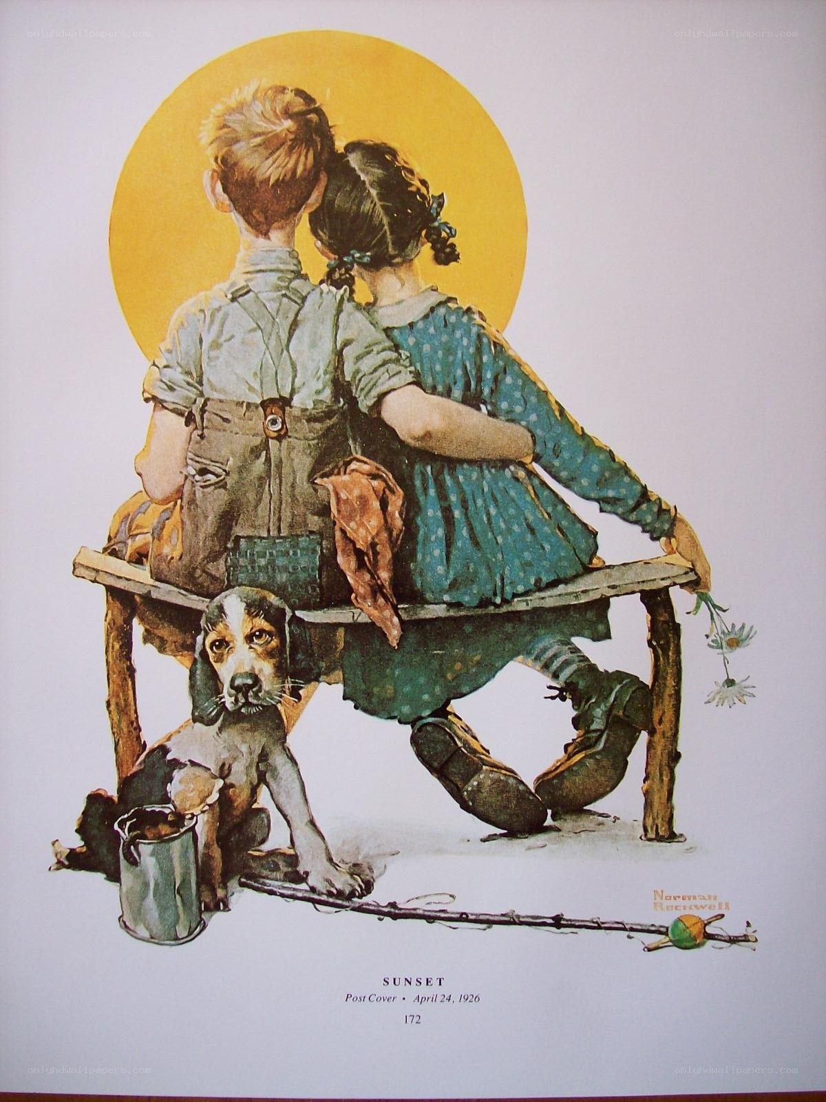 Sunset with children and dog