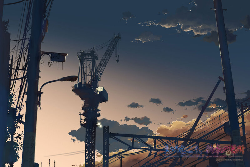 Sunset with crane and power lines