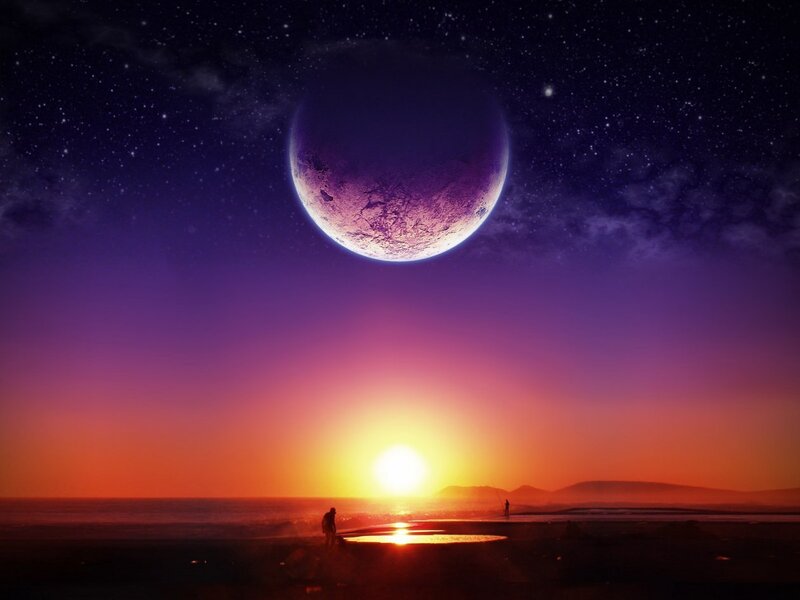 Sunset with giant planet
