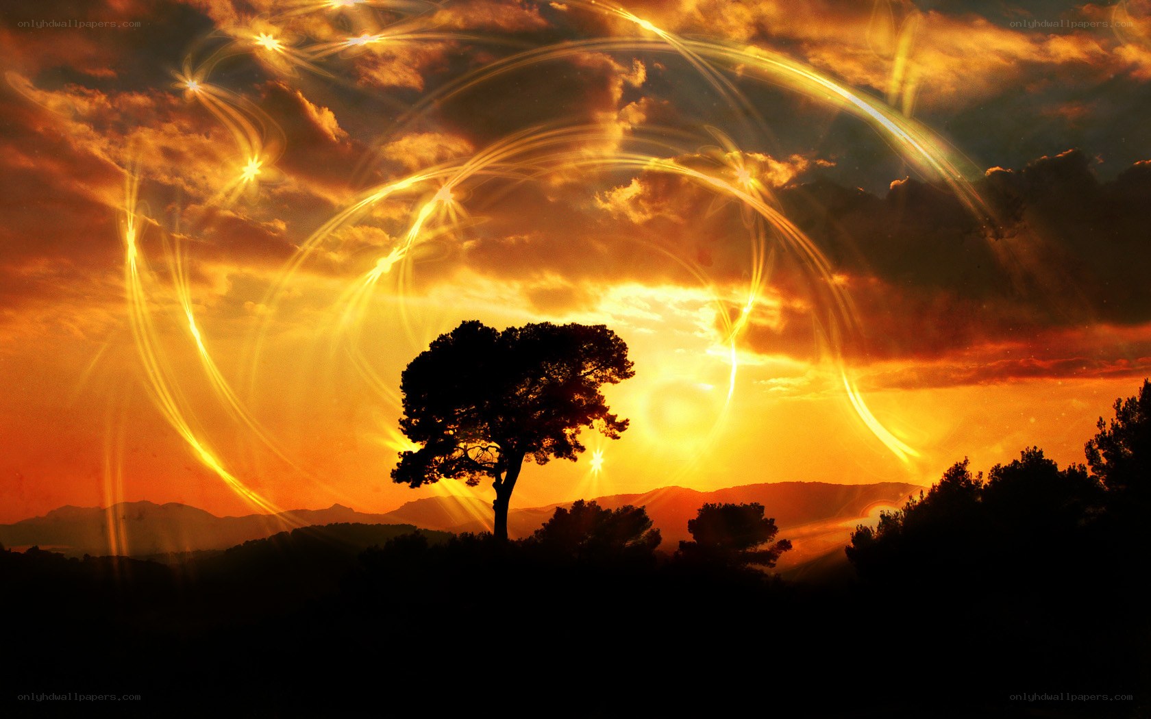 sunset with glowing light trails
