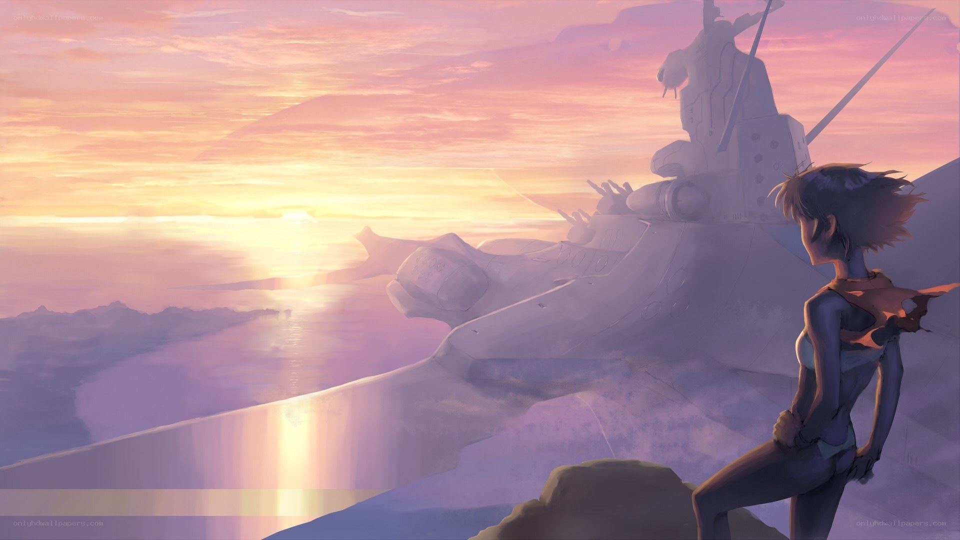 Sunset with mecha and girl