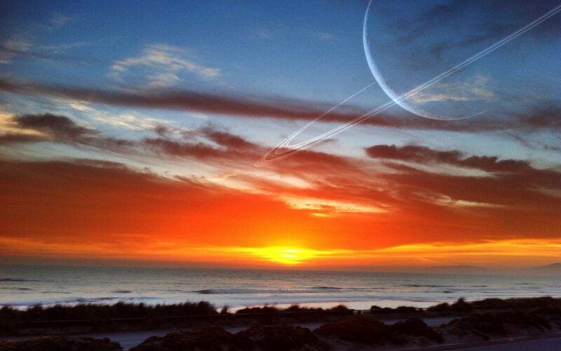 sunset with ringed planet